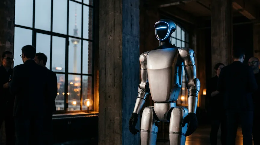 Humanoider Roboter Unitree G1 bei einer Abendveranstaltung in einem Berliner Loft, Fernsehturm im Fenster, KI-Visualisierung