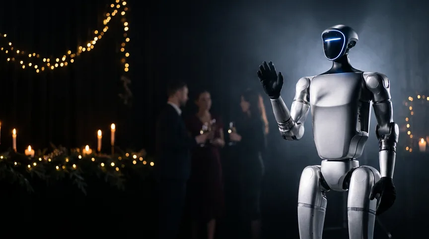 Humanoider Roboter Unitree G1 winkt auf einer Weihnachtsfeier mit Kerzen und Lichterketten, KI-Visualisierung